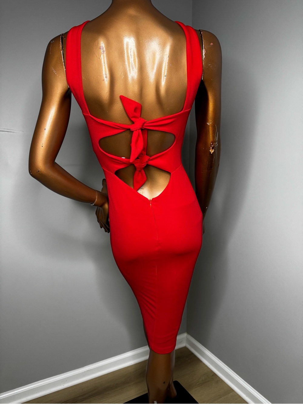 Nookie Red Backless Midi Dress with Tie-Back Cutouts